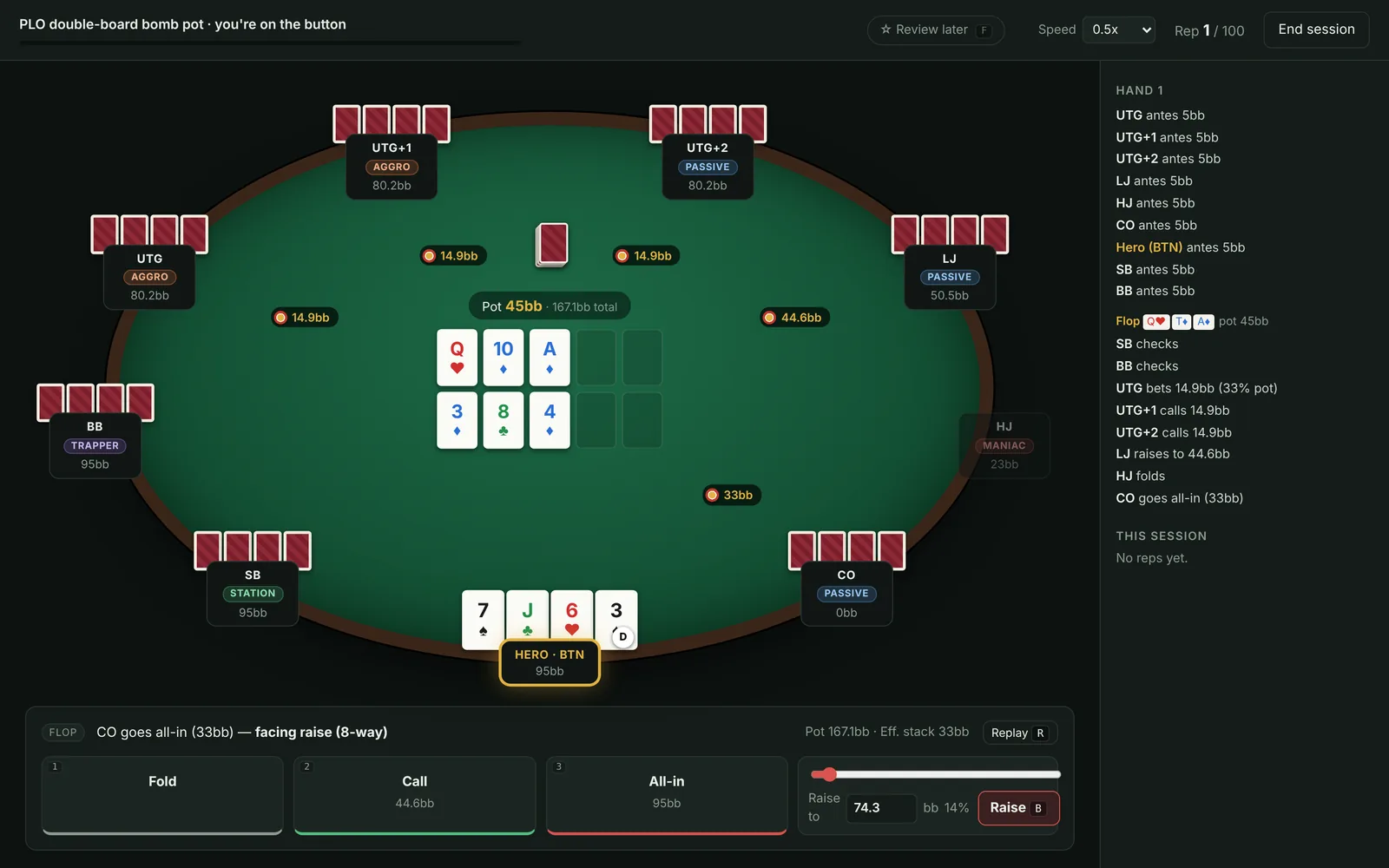 A double-board PLO bomb pot: eight players, two flops, the hero on the button facing an all-in