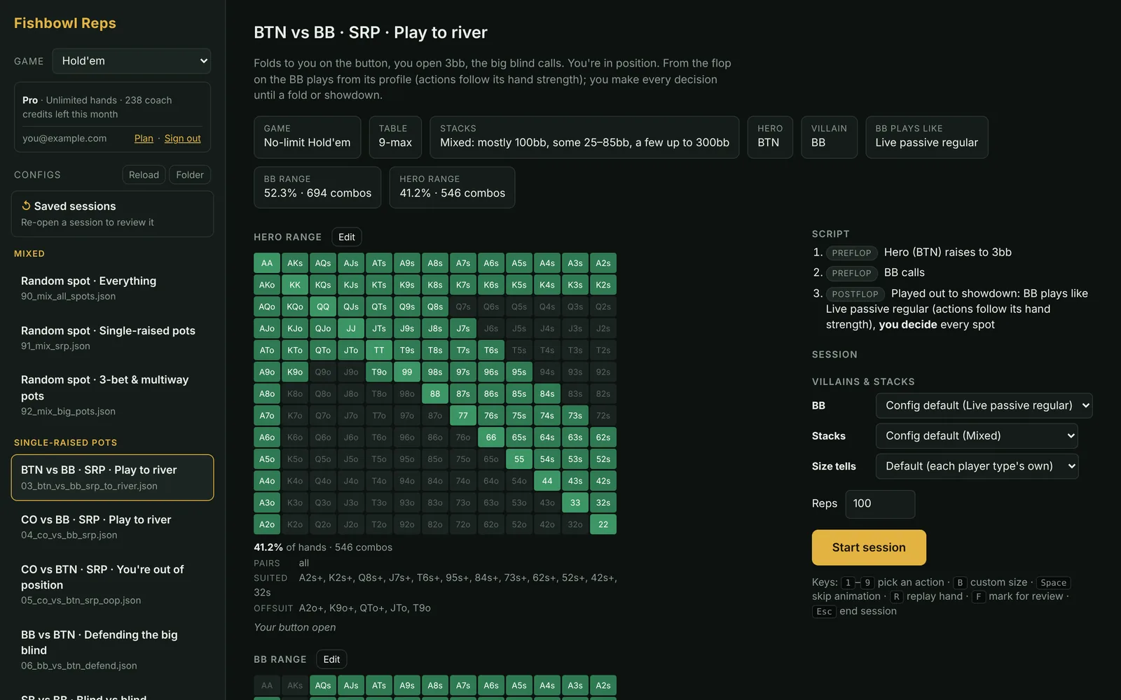 A spot's setup screen with the hero and big blind ranges as 13 by 13 charts